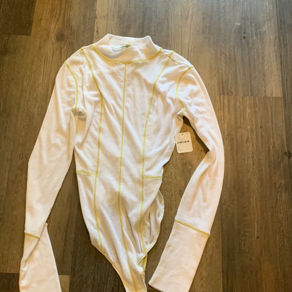 Free People White Long Sleeve Mock Neck Bodysuit with Yellow Stitching